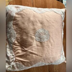 Blush Pink Decorative Pillow with White Lace Trim